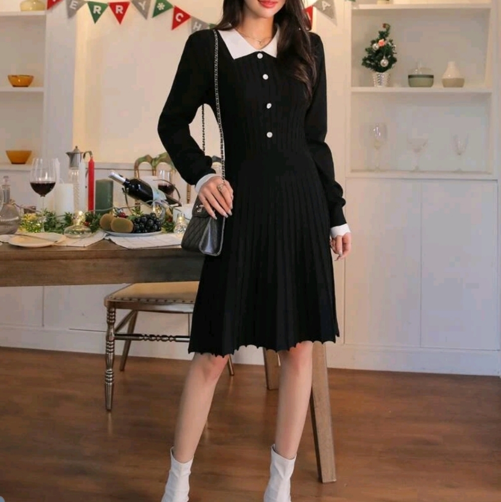 Black knit pleated sweater dress
